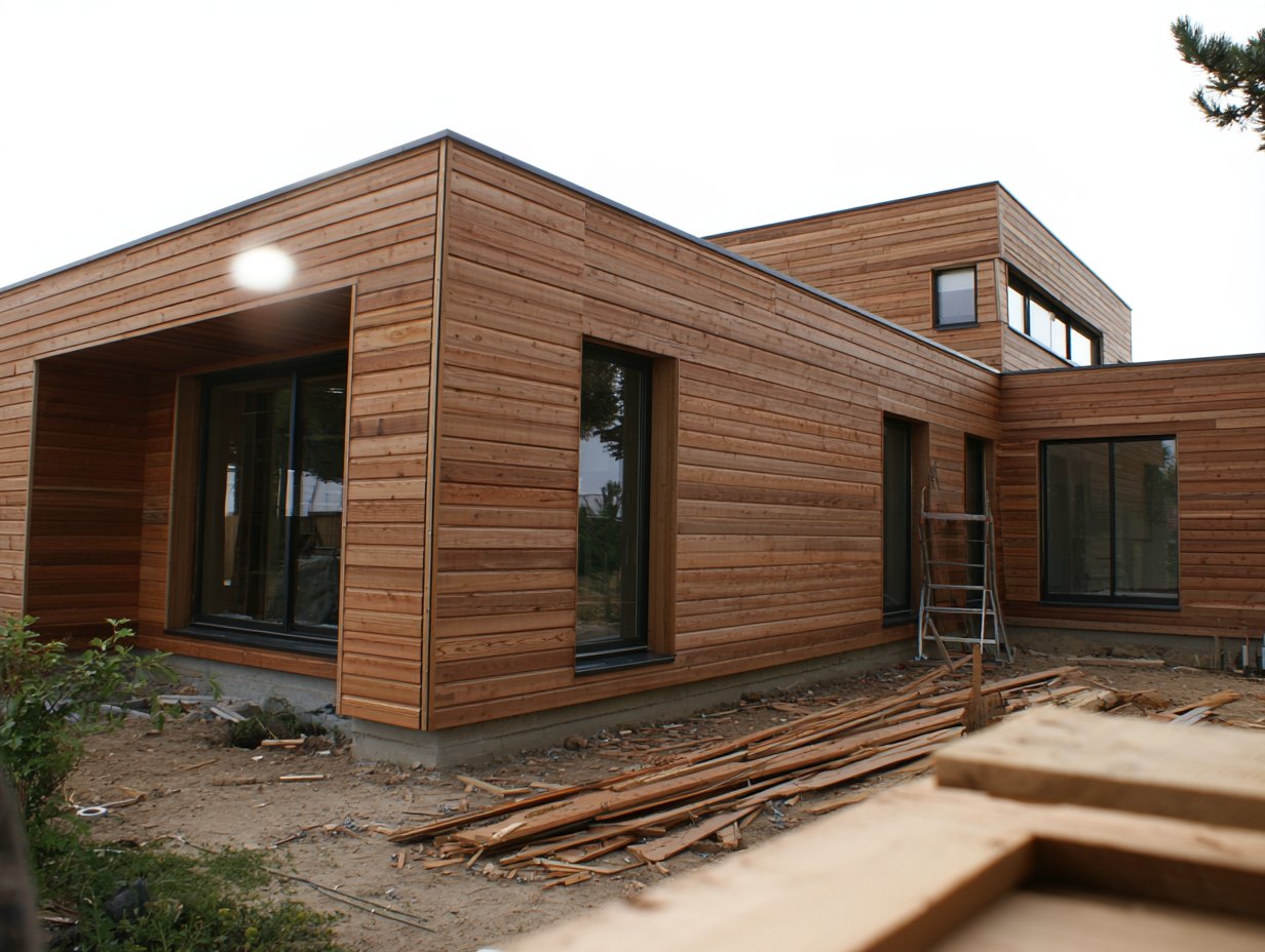 Maison contemporaine en bardage bois clair horizontal, chutes de lames et escabeau encore au sol.