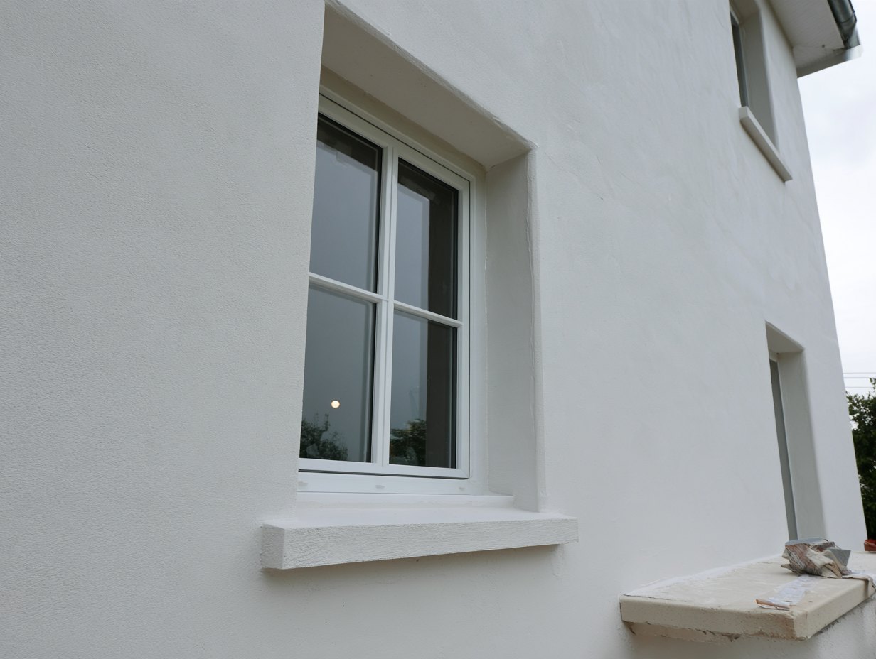 Tableau de fenêtre après ITE, enduit blanc, épaisseur d'isolant visible, ruban encore sur l'appui.