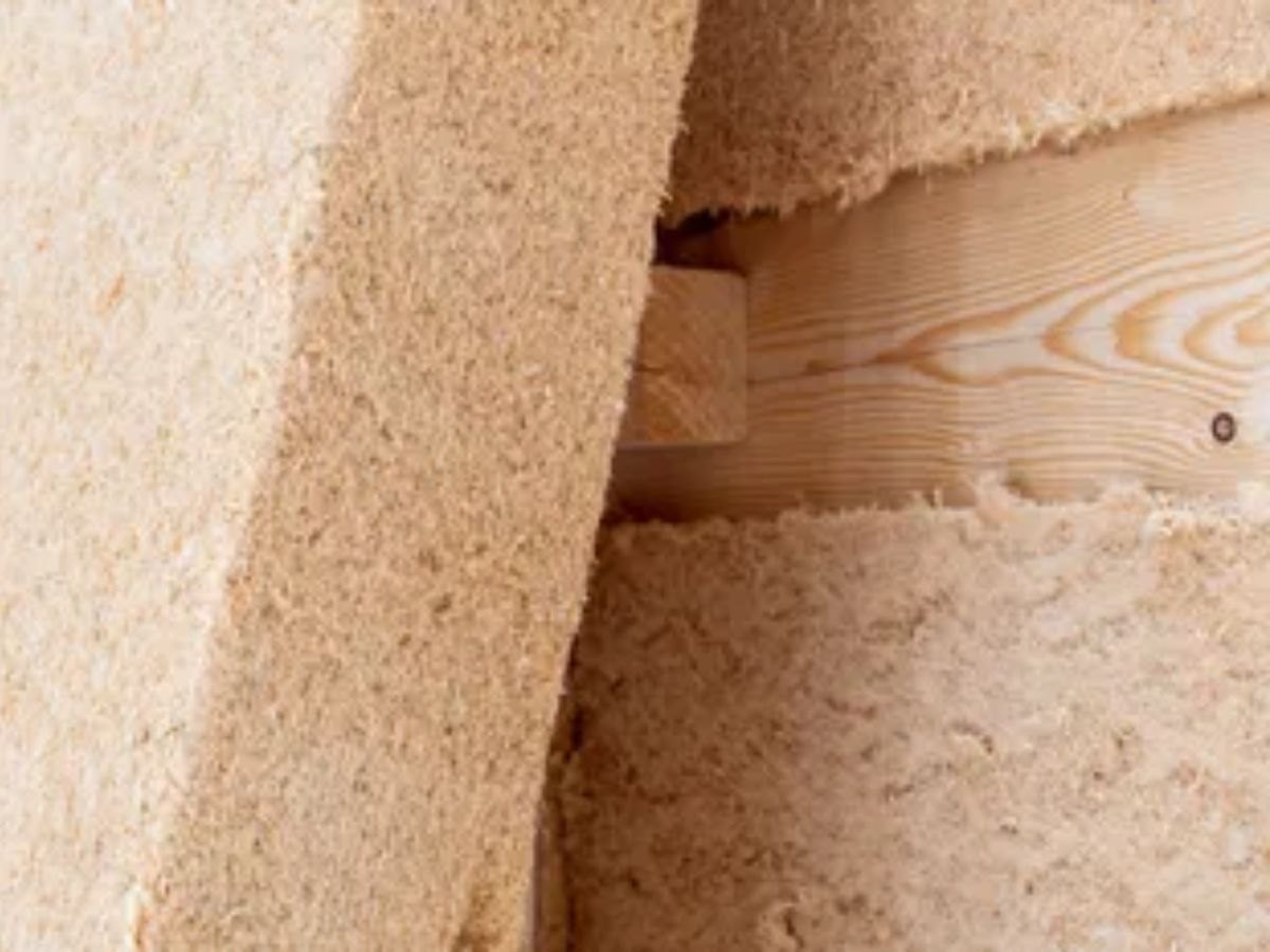 Dalle de fibre de bois calée contre un montant, gros plan de l'isolant.