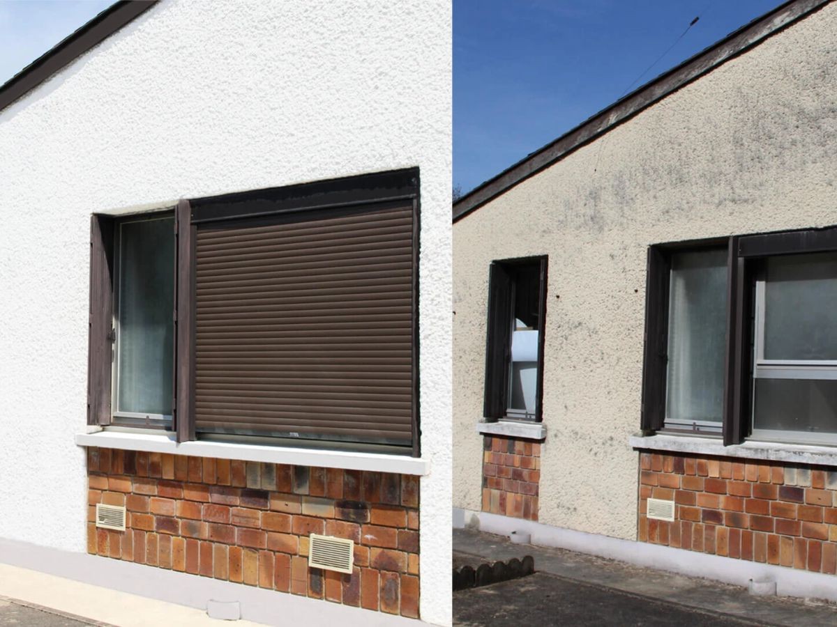 Fenêtre avant-après : crépi blanc crémeux neuf à gauche, mur jaune taché de moisissures et volet ouvert.