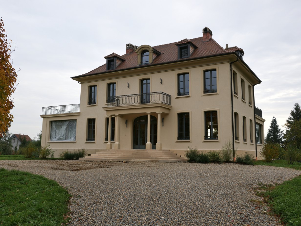 Grande maison après ravalement, enduit crème, fenêtres anthracite et allée de gravier.