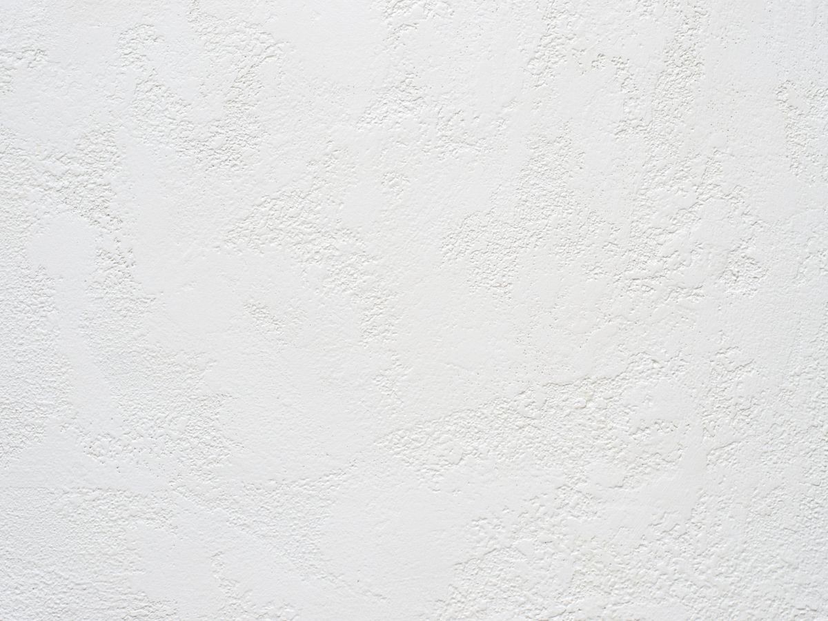Plan serré d'un enduit taloché blanc mat, grain fin parsemé de micro-cavités et reliefs granuleux discrets.