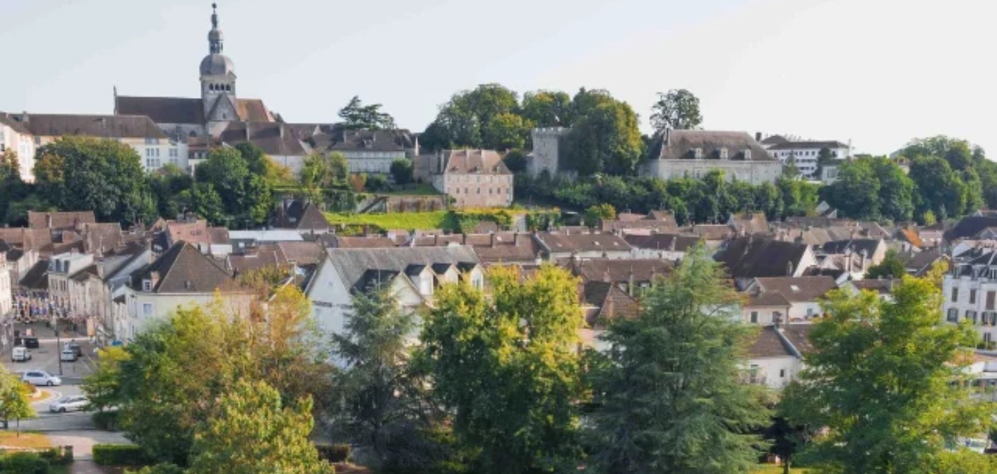 Panorama d'un quartier aux toits de tuiles, clocher sur une colline boisée.